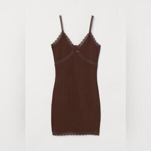 H&M Brown Ribbed Stretch Bodycon Lace Mini Dress Adjustable Y2K Size M Divided